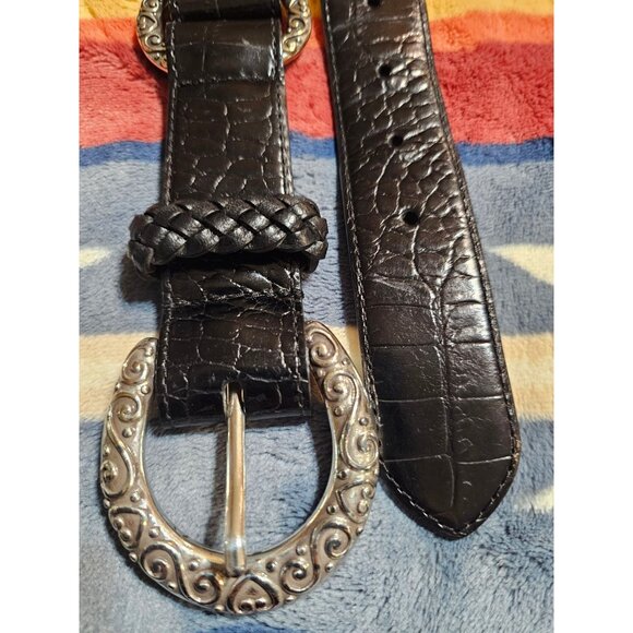 Vtg Brighton Black Croc Embossed Leather Braided Rope Belt  B60133  Size 34 main image 7